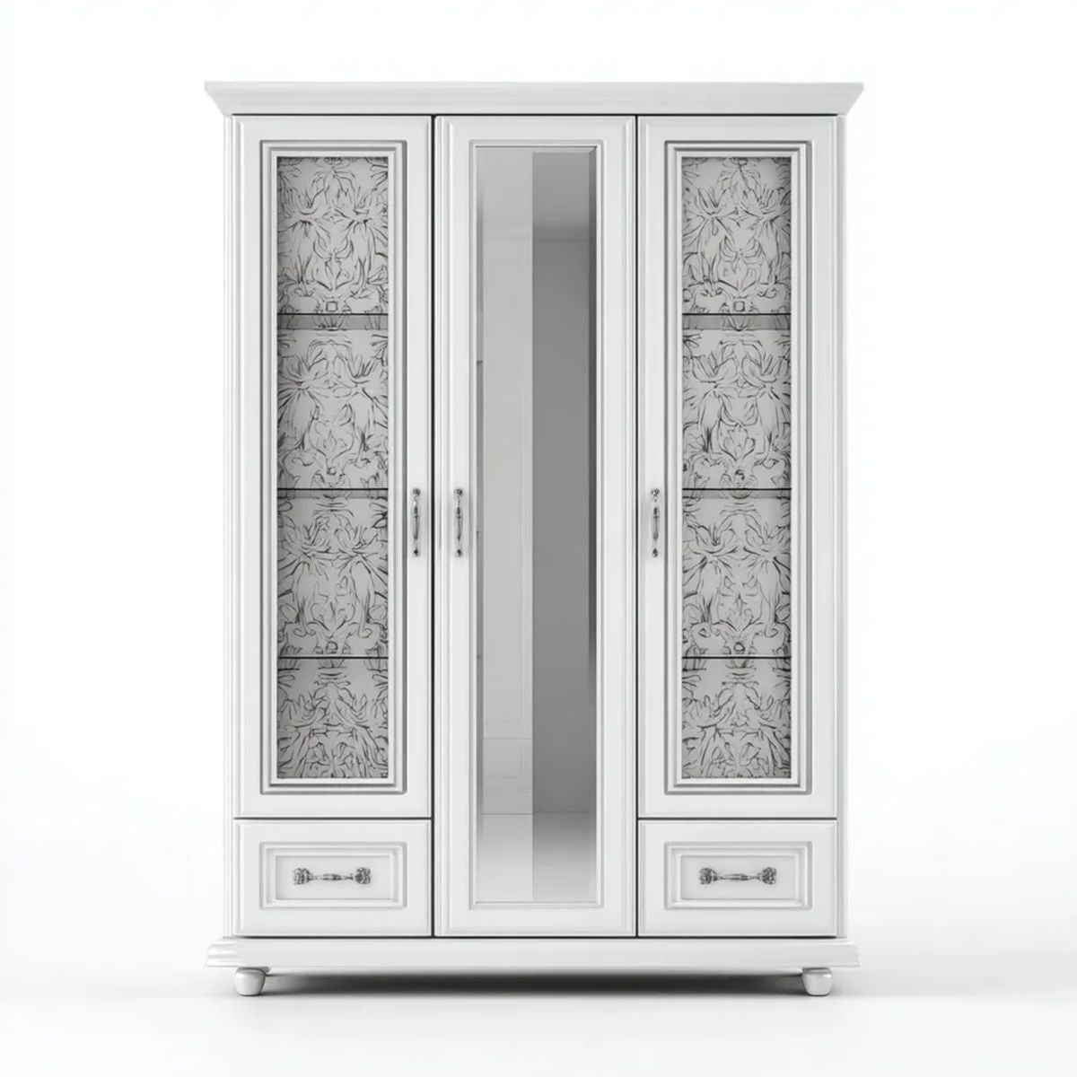 Szafa, Biała szafka 3 drzwi z MDF z lustrem, 150 x 60 x 210 cm
