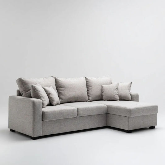 Sofa, 3 fotela w kolorze jasnoszarym z czarnym nóżkami, 250 × 160 × 85 cm