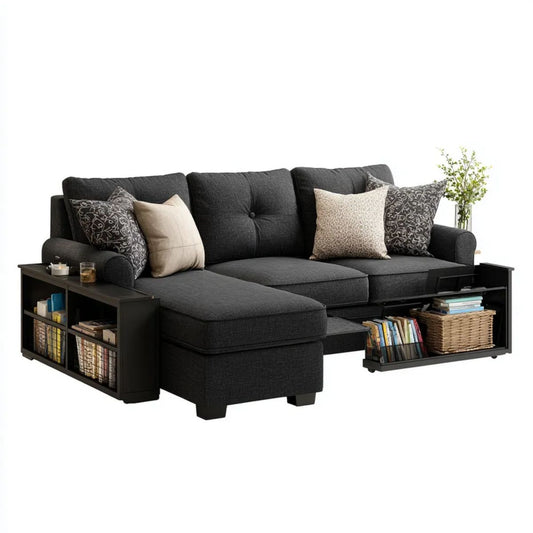 Sofa, kabriolet z lewej strony narożnik sofa w kolorze czarnym i antracyt z szarym tkaniny z przezroczystego przechowywania, 250 x 160 x 88 cm