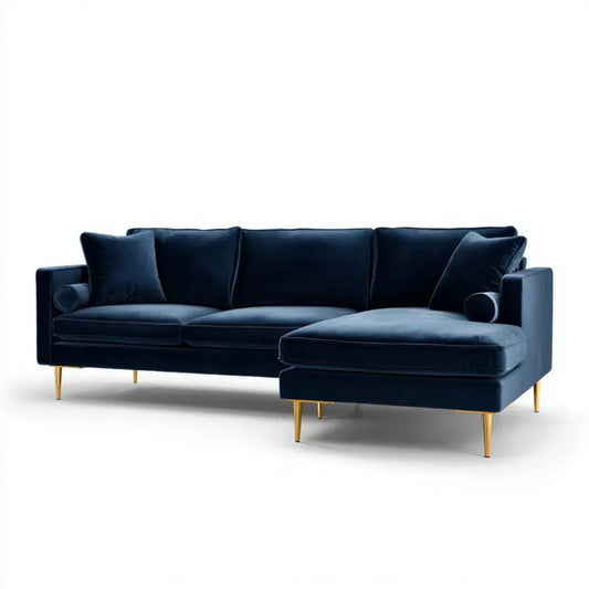 Sofa, 4-osobowa w prosty narożnik sofa w nocy niebieski birmainvelt i złoto, 280 x 165 x 86 cm