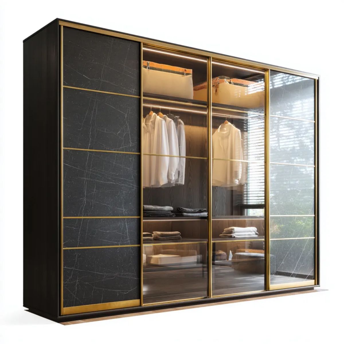 Szafa, Przesuwana szafa w drewnie i szkle wiklinowym czarny i złoto 240 x 60 x 220 cm