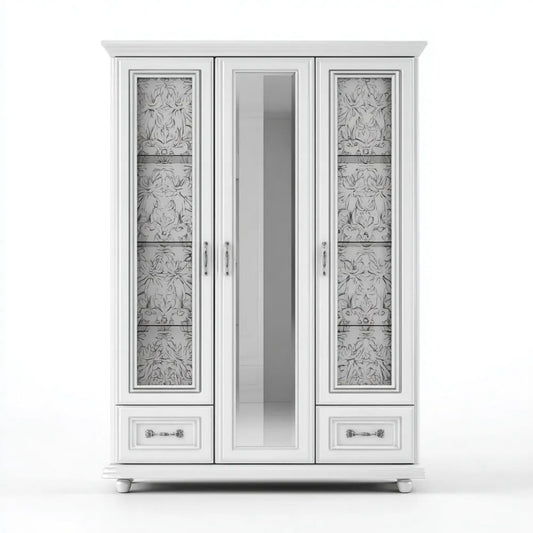Szafa, Biała szafka 3 drzwi z MDF z lustrem, 150 x 60 x 210 cm