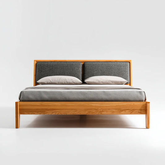 Łóżko podwójne 160 x 200 cm w naturalnym litym drewnie z wyściełaną deską rozdzielczą, szarą, prostokątną antracyt