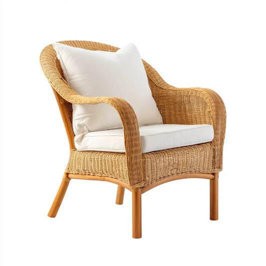 Fotel, Miód kolor naturalny rattan salon krzesło z białych poduszek i zakrzywione plecy 73 x 78 x 86 cm