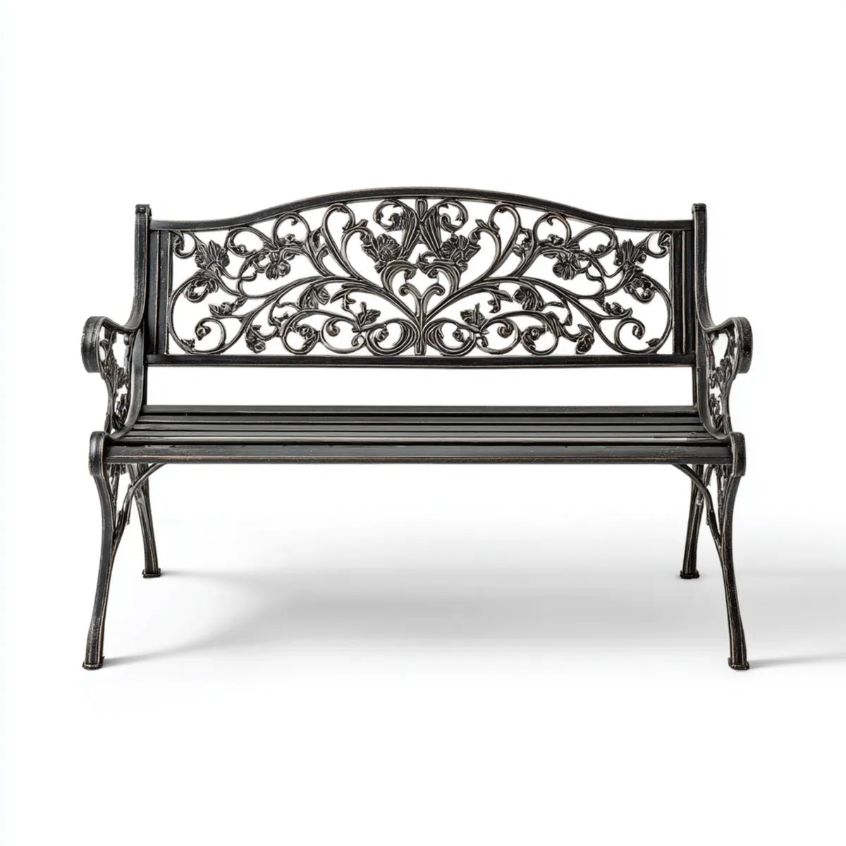 Ławka ogrodowa 2 fotele aluminiowe z czarnym odlewem 122 x 60 x 87 cm z oparciem otworowym