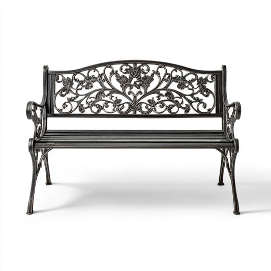 Ławka ogrodowa 2 fotele aluminiowe z czarnym odlewem 122 x 60 x 87 cm z oparciem otworowym
