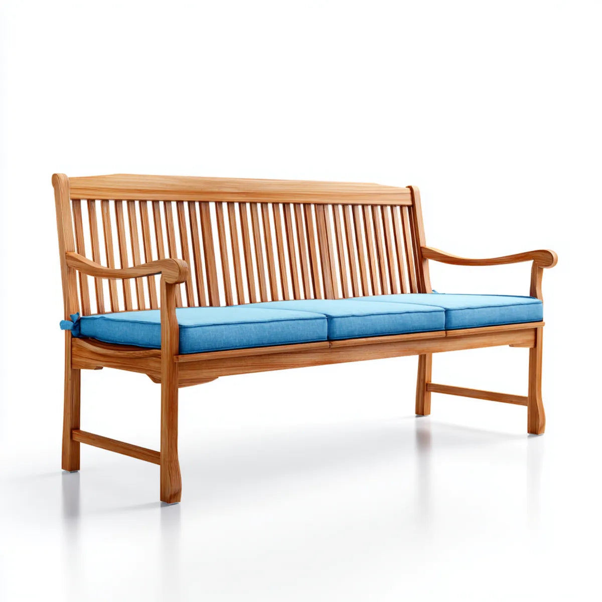 Ławka ogrodowa 3 siedzenia w stałym teku naturalnym z niebieskimi poduszkami 180 x 65 x 90 cm prostokątna