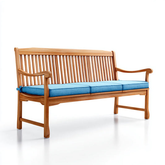 Ławka ogrodowa 3 siedzenia w stałym teku naturalnym z niebieskimi poduszkami 180 x 65 x 90 cm prostokątna