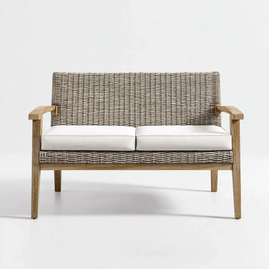 Ławka ogrodowa 2 kwadraty naturalne szaro-białe 122 x 65 x 85 cm w litej akacji i prostokątnej żywicy plecionej