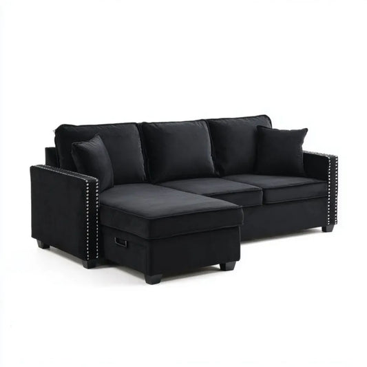 Sofa, rozkładana sofa 3 czarne fotele, 230 × 150 × 90 cm