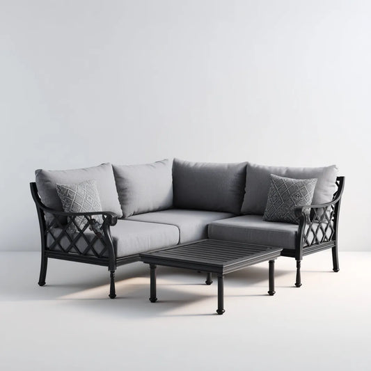 Sofa ogrodowa, Meble ogrodowe z czarnym i szarym stołem do kawy, 5 foteli 220 x 150 cm w aluminium i poliestrze