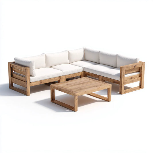 Sofa ogrodowa, Meble ogrodowe z 5 miejscami z białym i naturalnym stołem do kawy w litym drewnie d, 250 x 250 cm
