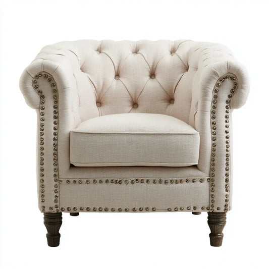 Fotel, Chesterfield beżowe fotele z zaokrąglonymi podłokietnikami w poliestrze 110 x 90 x 75 cm